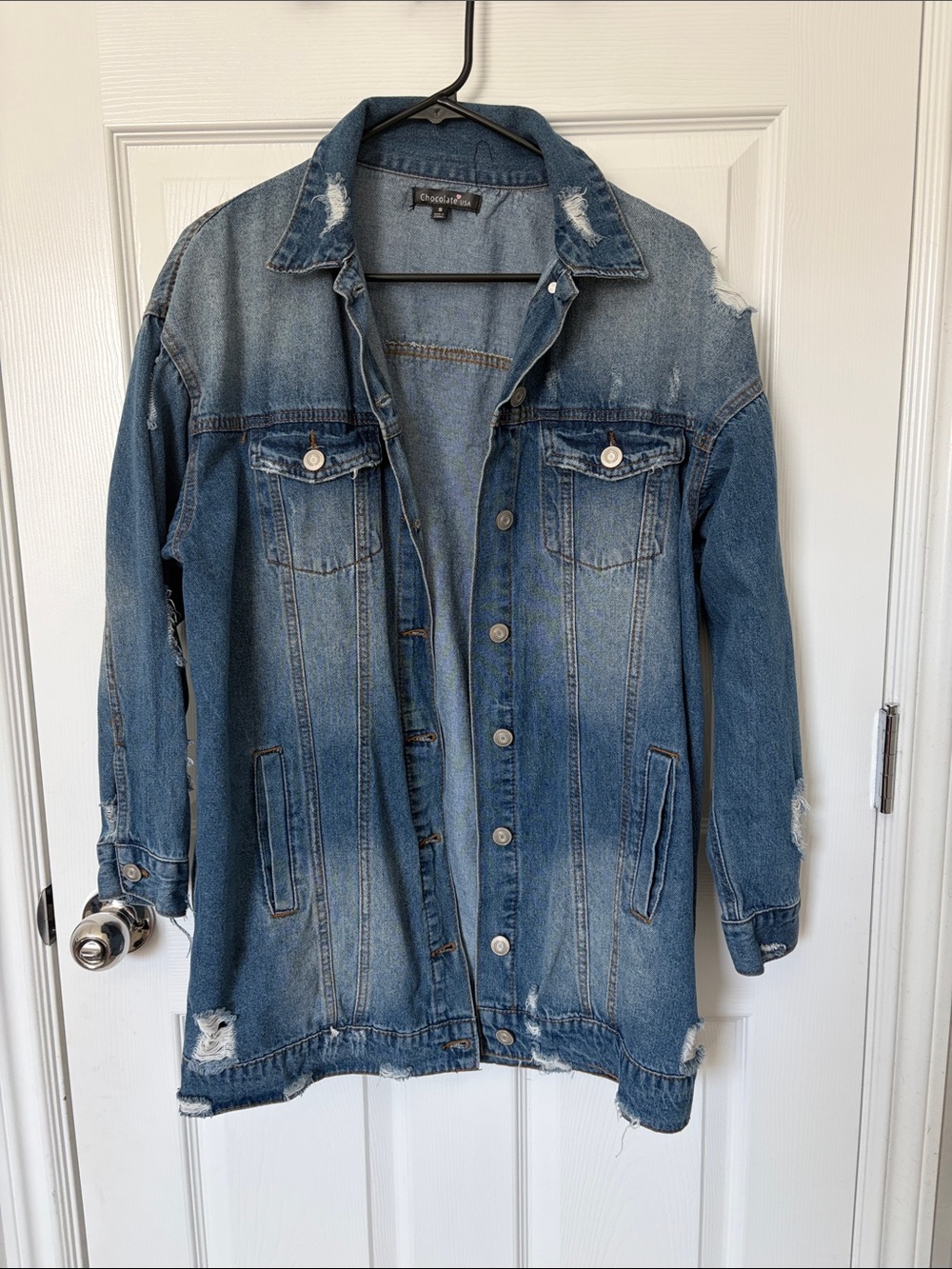 Distressed Long Blue Denim Jacket